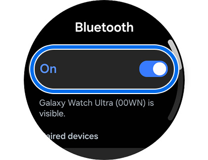 The switch for Bluetooth highlighted and activated on a Galaxy Watch