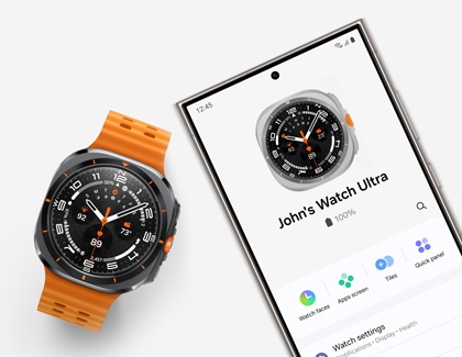 Galaxy Watch Ultra alongside a Galaxy S24 Ultra displaying the Galaxy Wearable app