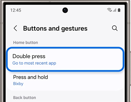 Double press option highlighted in Buttons and gestures settings on a Galaxy phone