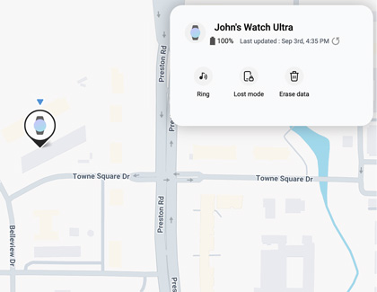 The location of a Galaxy Watch Ultra displaying on the SmartThings website with remote features such as Ring, Lost mode, and Erase data.