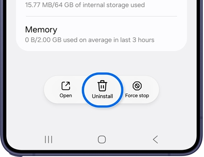 App info screen with Uninstall highlighted.