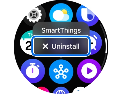 App menu screen with the SmartThings app displaying the Uninstall pop up menu.