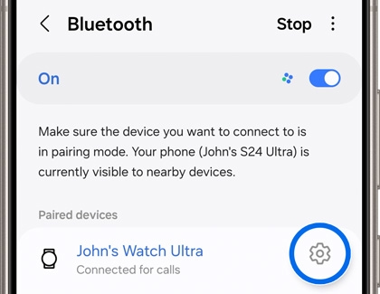 Settings icon highlighted next to a Galaxy Watch Ultra in the Bluetooth settings screen on a Galaxy phone.