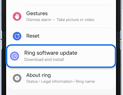 A smartphone screen showing the Galaxy Wearable app settings with an option highlighted for Ring software update.