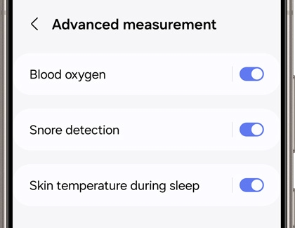 List of options in Advanced measurement such as Blood oxygen, Snore detection, and Skin temperature during sleep