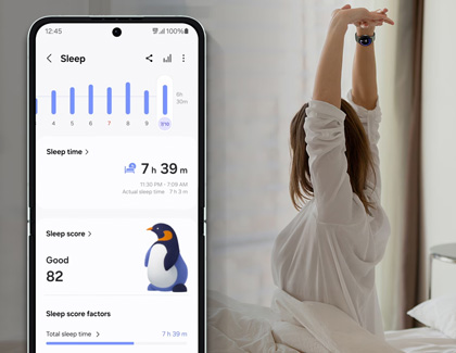 Galaxy Z Flip6 displaying Sleep patterns from the Samsung Health app alongside a girl waking up from bed