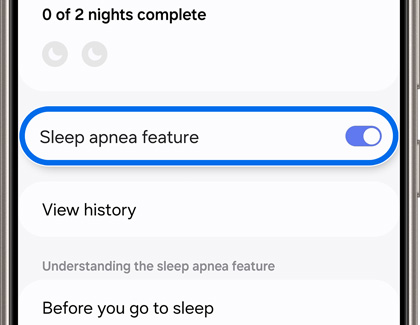 Sleep apnea feature highlighted and enabled