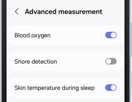 Advanced measurement settings displaying Blood oxygen, Snore detection, and Skin temperature during sleep switches