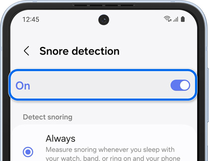 On switch highlighted and enabled in Snore detection settings screen