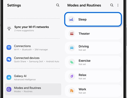 Sleep mode highlighted in Modes and Routines settings on a Galaxy phone