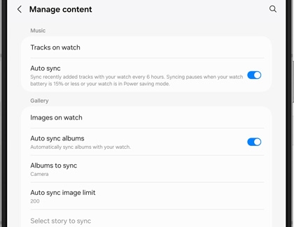 Manage content settings displaying a list of music and gallery options