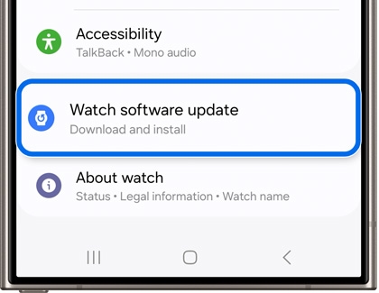 Watch software update highlighted in the Wearable app on a Galaxy phone.