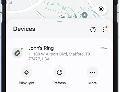 Galaxy Ring location displaying in Samsung Find with options for Blink light, Refresh, and More