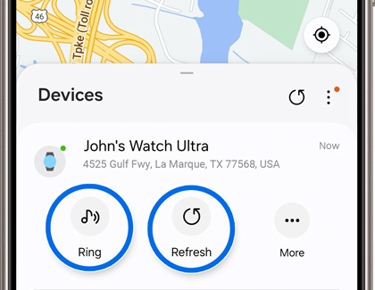 Ring and Refresh button highlighted in the Samsung Find app for a Galaxy Watch Ultra