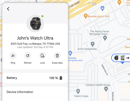 The location and battery life of a Galaxy Watch Ultra displayed on the Samsung Find website