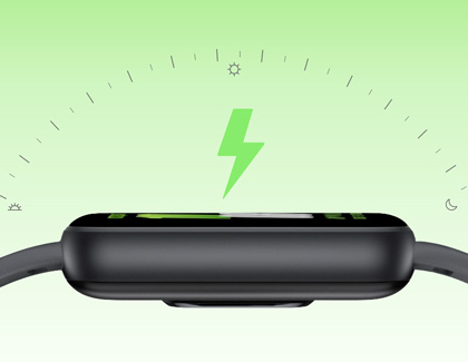 Side view of a Galaxy Fit3 with a green lightning bolt icon indicating charging, set against a background with day and night cycle icons.