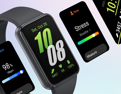 Galaxy Fit3 showcasing various health and fitness tracking features, including heart rate, stress levels, and oxygen saturation.