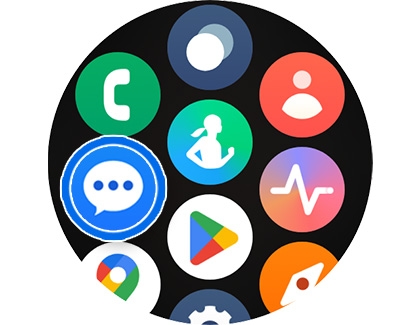 A circular display showing various app icons including a phone, messaging, fitness, and Google Play on the Galaxy Watch7.