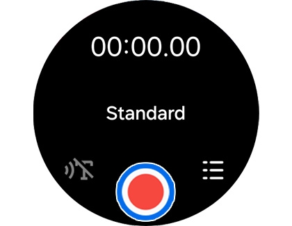 A circular display on the Galaxy Watch7 showing a stopwatch with the word 'Standard' and a start button.
