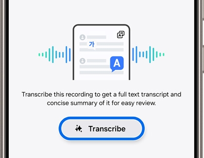 A screen on the Galaxy Watch7 showing a transcription feature with an option to transcribe a recording.