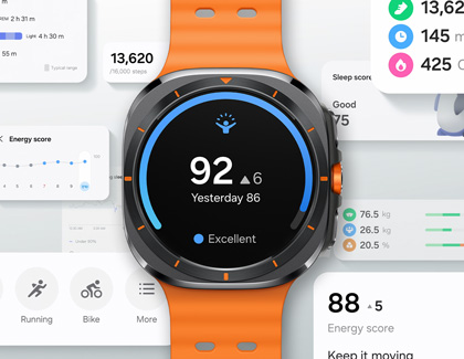 A Galaxy Watch7 displaying a fitness score of 92 with various health and activity tracking widgets in the background.