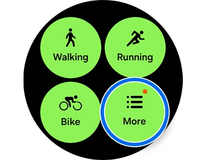 A circular display on the Galaxy Watch7 showing exercise options including Walking, Running, Biking, and More.