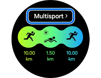 A circular display on the Galaxy Watch7 showing a multisport exercise summary with running, swimming, and cycling distances.