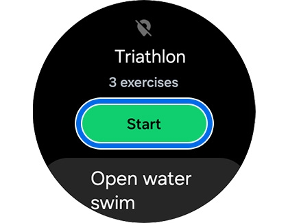 A circular display on the Galaxy Watch7 showing a triathlon workout option with the ability to start the session.