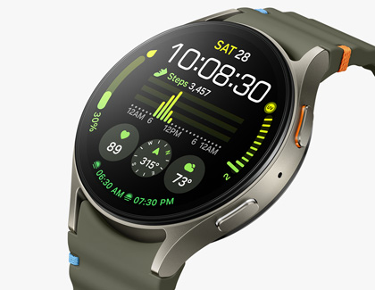 A Galaxy Watch7 with a green band displaying a detailed health and fitness tracking screen, including steps, heart rate, and weather information.