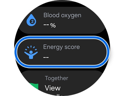 A Galaxy Watch7 screen showing blood oxygen and energy score tracking options.