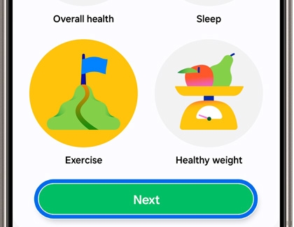 A smartphone screen displaying health categories including Overall health, Sleep, Exercise, and Healthy weight, with a 'Next' button at the bottom.