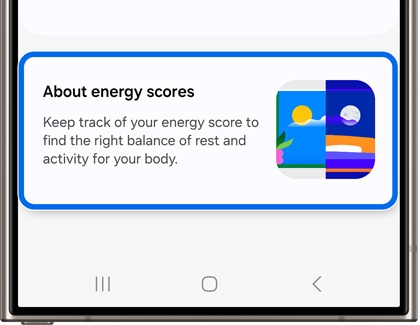 A smartphone screen showing information about energy scores with an illustration of balancing rest and activity.
