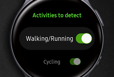 Galaxy Watch Active 2 displaying Activities to detect screen