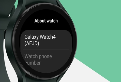 Galaxy Watch4 with About watch screen showing the watch information