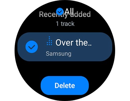 One track selected with Delete button displayed on a Samsung Galaxy Watch