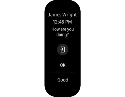 A message with Quick responses below it on a Samsung smart watch