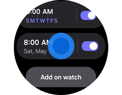 A Galaxy Watch showing a list of alarms with one alarm highlighted.