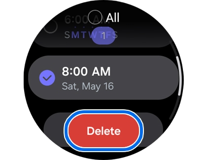A Galaxy Watch showing an alarm selected, and the Delete button highlighted.