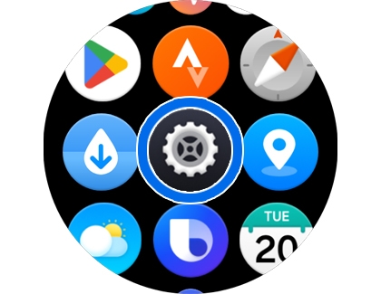 Galaxy watch app menu grid with the Settings icon being selected.