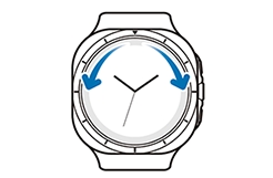 An illustration of a smartwatch with two blue arrows indicating a rotating bezel motion on a circular screen.