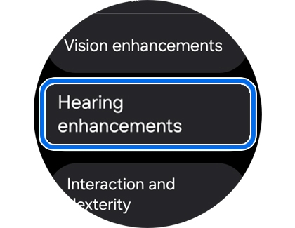 A Galaxy Watch screen with the Hearing enhancements option highlighted.
