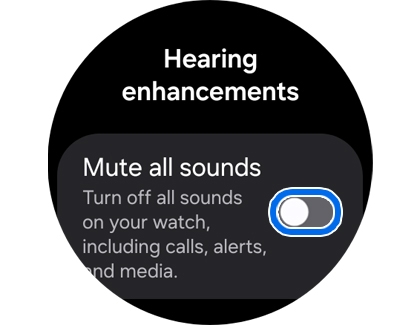 A Galaxy Watch screen with the Mute all sounds switch turned off and highlighted.