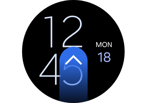 A watch home screen displaying a digital clock with an arrow pointing up, indicating a swipe up gesture from the bottom.