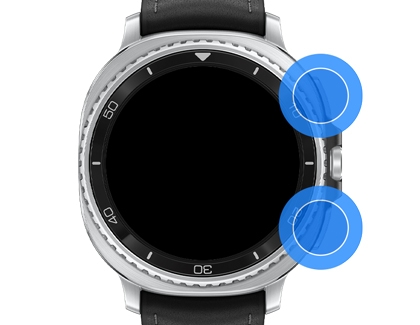 A Galaxy Watch with the home button and back button highlighted.