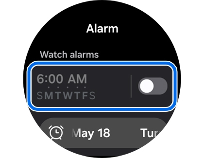 A Galaxy Watch Alarm screen highlighting a disabled alarm set.