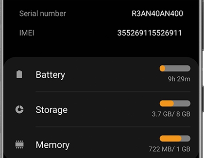 The Battery, Storage, and Memory options displayed in the Galaxy Wearable app