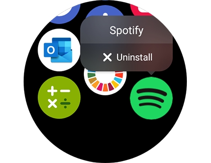 A group of apps with Uninstall option above one on a Samsung Galaxy Watch