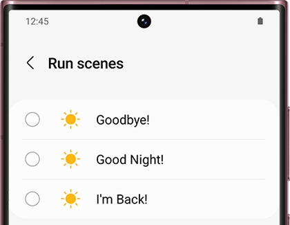 List of scenes under Run scenes on a Galaxy phone