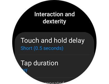 List of options under Interaction and dexterity on a Samsung smart watch