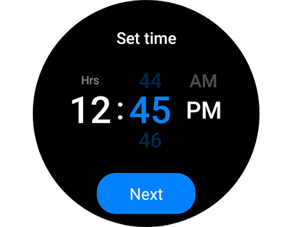 Next button below Set time on a Samsung smart watch